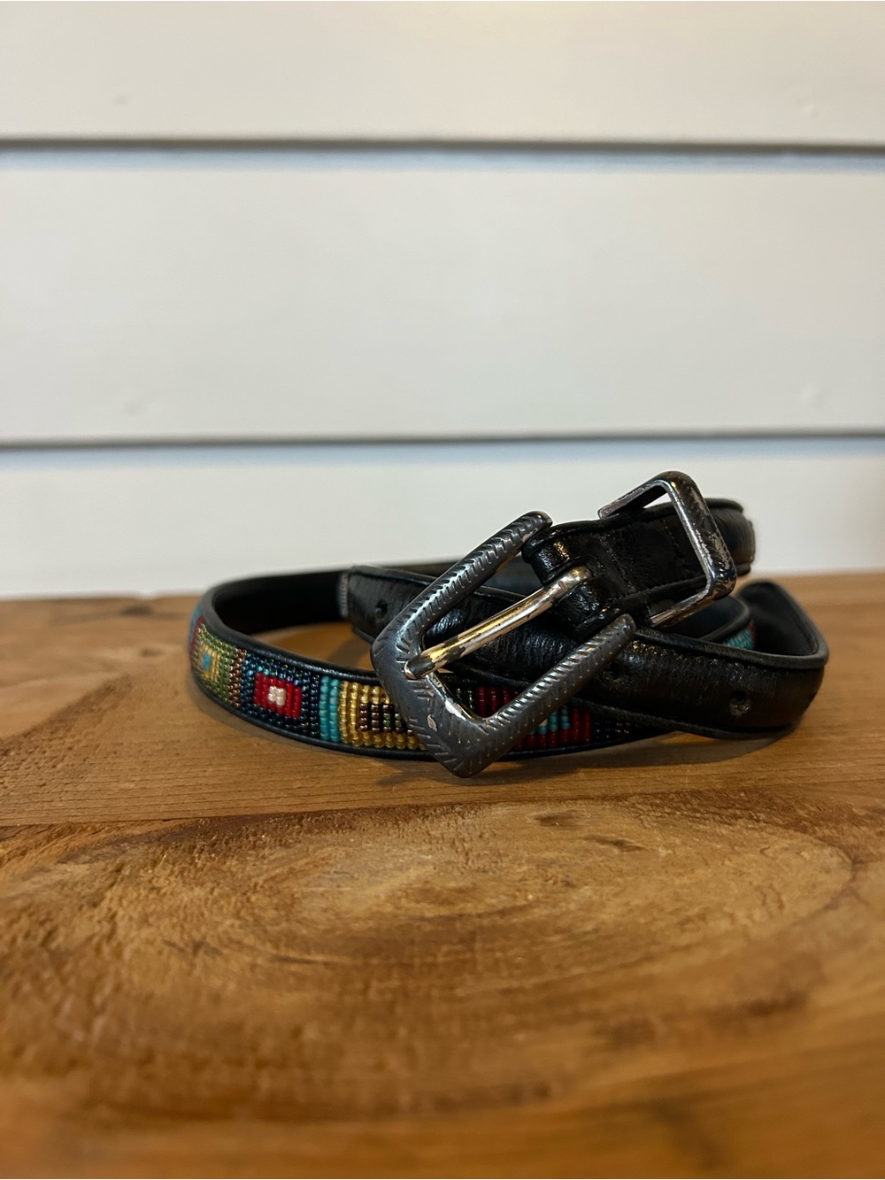Brighton Vintage Southwestern Beaded Skinny Black Leather Belt M/L 32